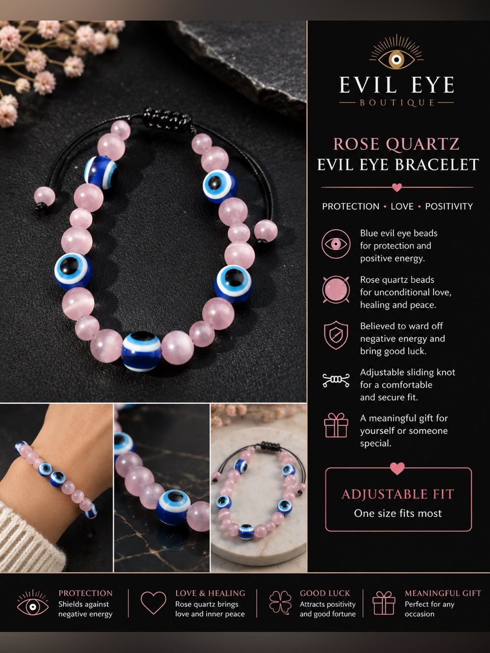 Evil Eye Rose Quartz Bracelet - Pink & Blue